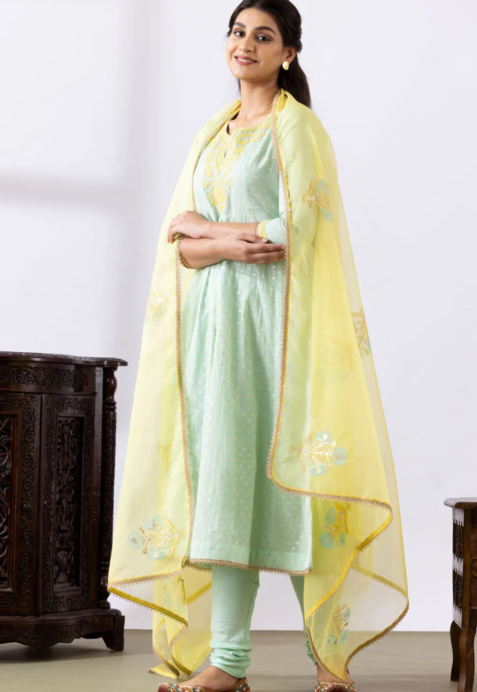 Embroidered Chanderi Cotton Anarkali Suit in Pastel Green
