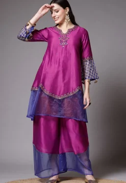 Embroidered Chanderi Cotton and Organza Pakistani Suit in Magenta