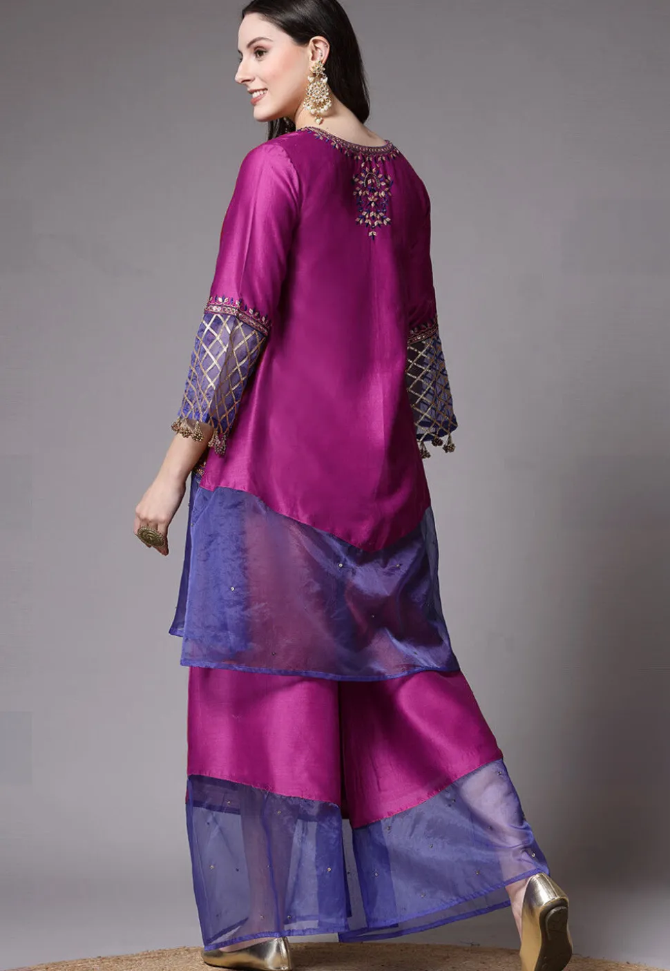 Embroidered Chanderi Cotton and Organza Pakistani Suit in Magenta