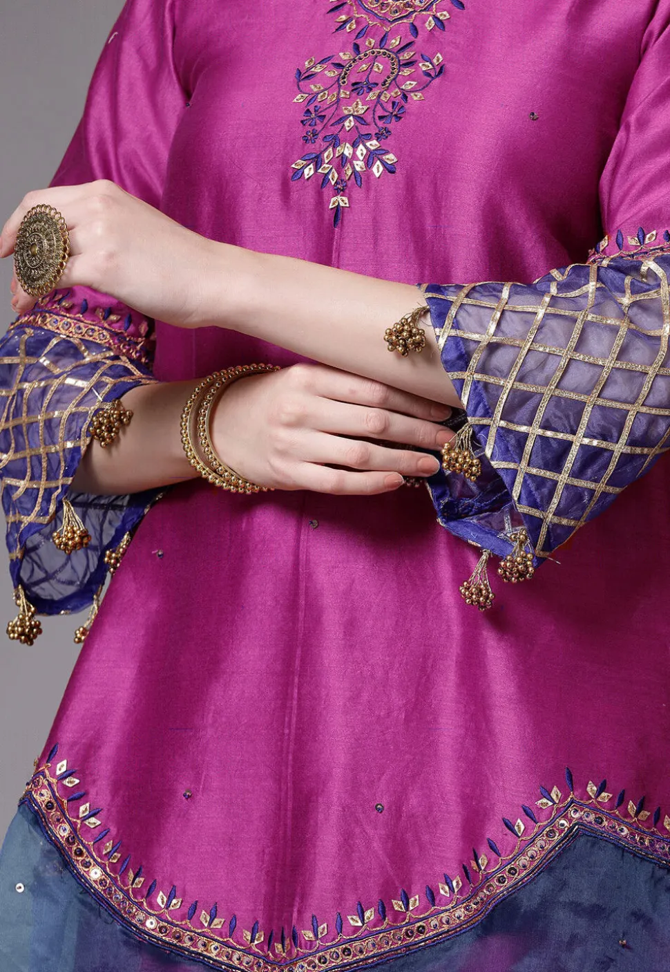 Embroidered Chanderi Cotton and Organza Pakistani Suit in Magenta