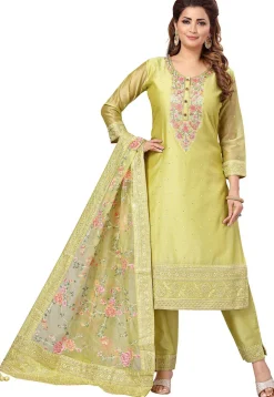 Embroidered Chanderi Silk Pakistani Suit in Light Olive Green