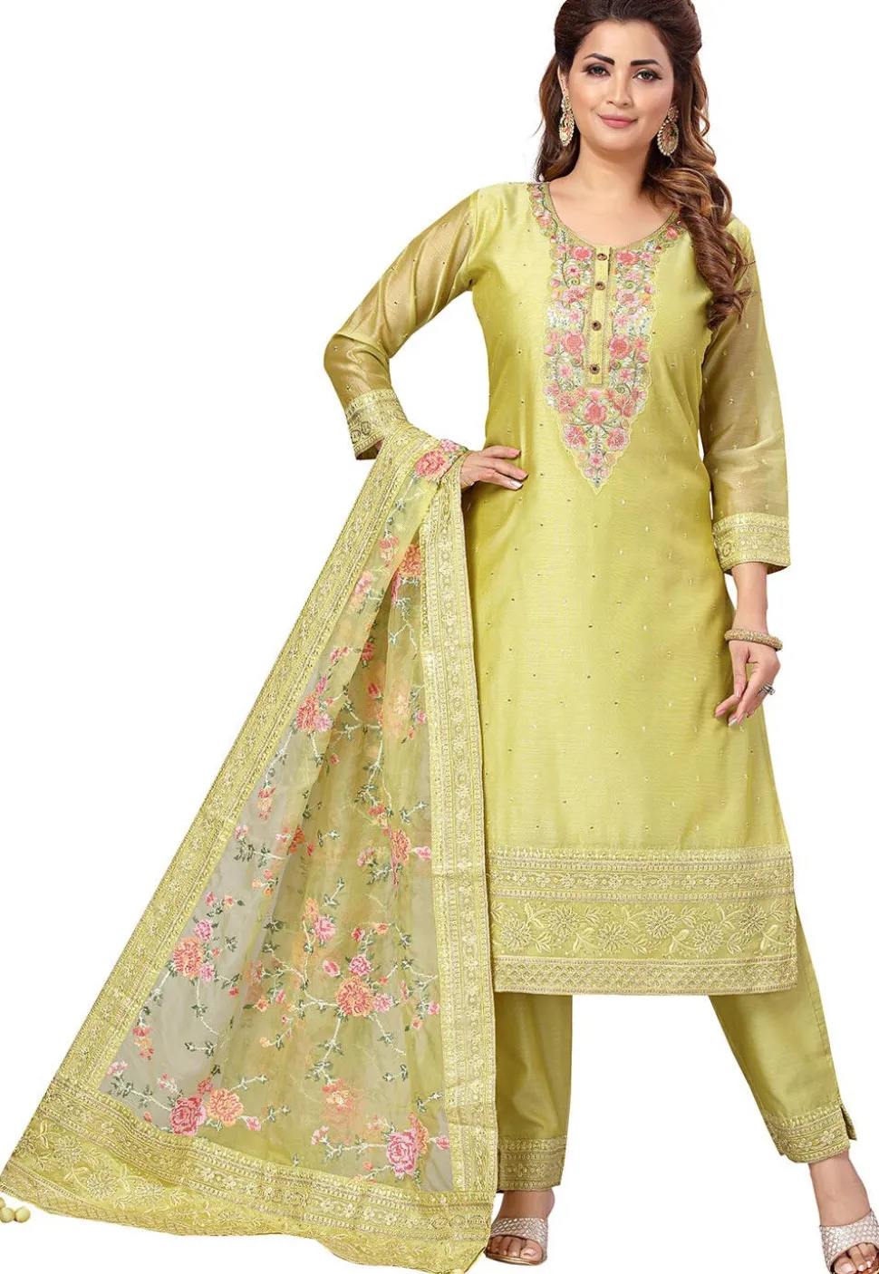 Embroidered Chanderi Silk Pakistani Suit in Light Olive Green