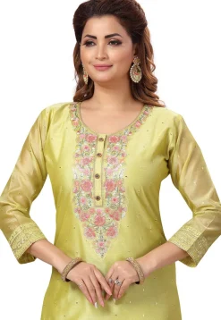 Embroidered Chanderi Silk Pakistani Suit in Light Olive Green