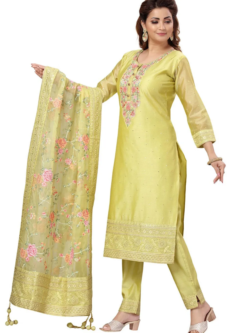 Embroidered Chanderi Silk Pakistani Suit in Light Olive Green