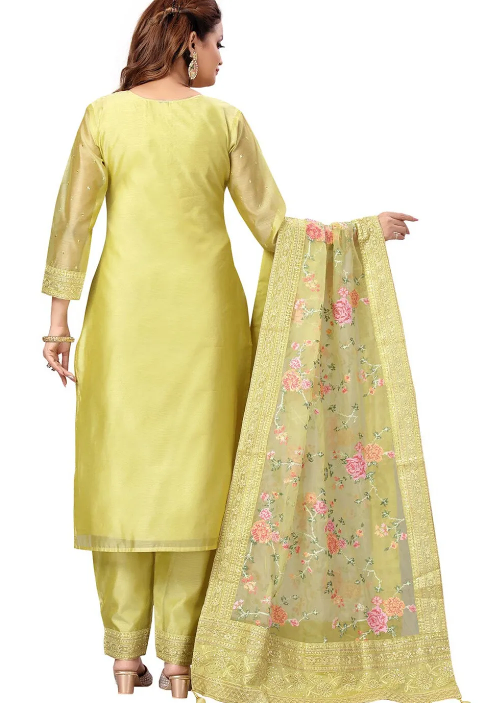 Embroidered Chanderi Silk Pakistani Suit in Light Olive Green
