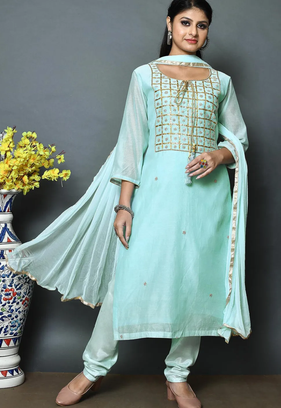 Embroidered Chanderi Silk Straight Cut Suit in Light Blue