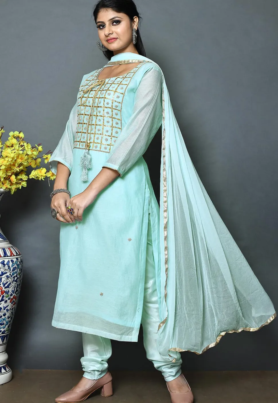 Embroidered Chanderi Silk Straight Cut Suit in Light Blue