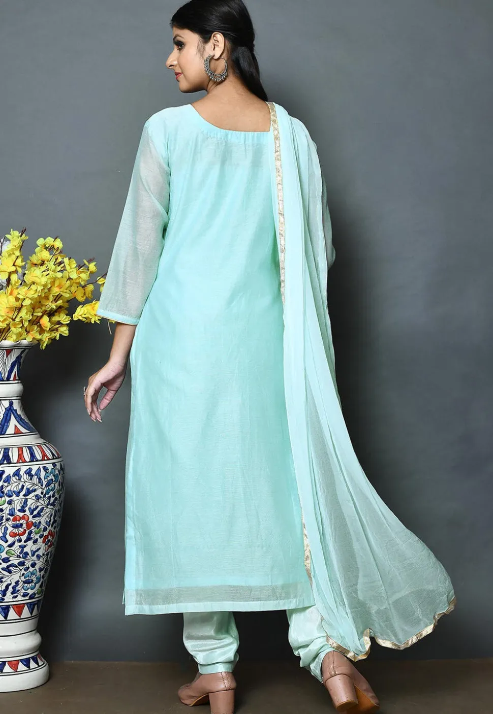 Embroidered Chanderi Silk Straight Cut Suit in Light Blue