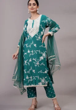 Embroidered Chanderi Silk Pakistani Suit in Teal Green