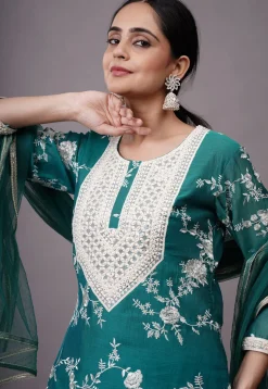Embroidered Chanderi Silk Pakistani Suit in Teal Green