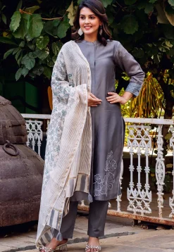 Embroidered Chanderi Silk Pakistani Suit in Grey
