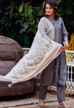Embroidered Chanderi Silk Pakistani Suit in Grey