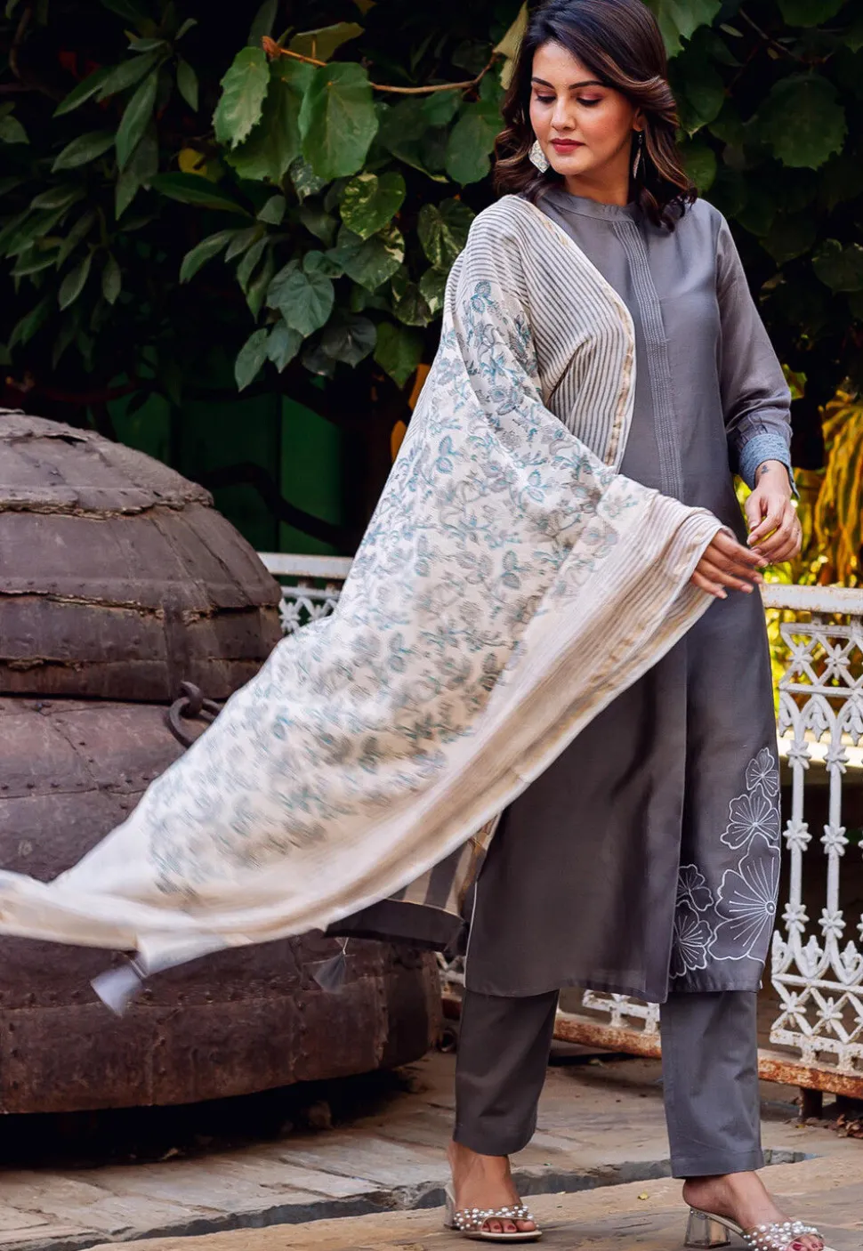 Embroidered Chanderi Silk Pakistani Suit in Grey