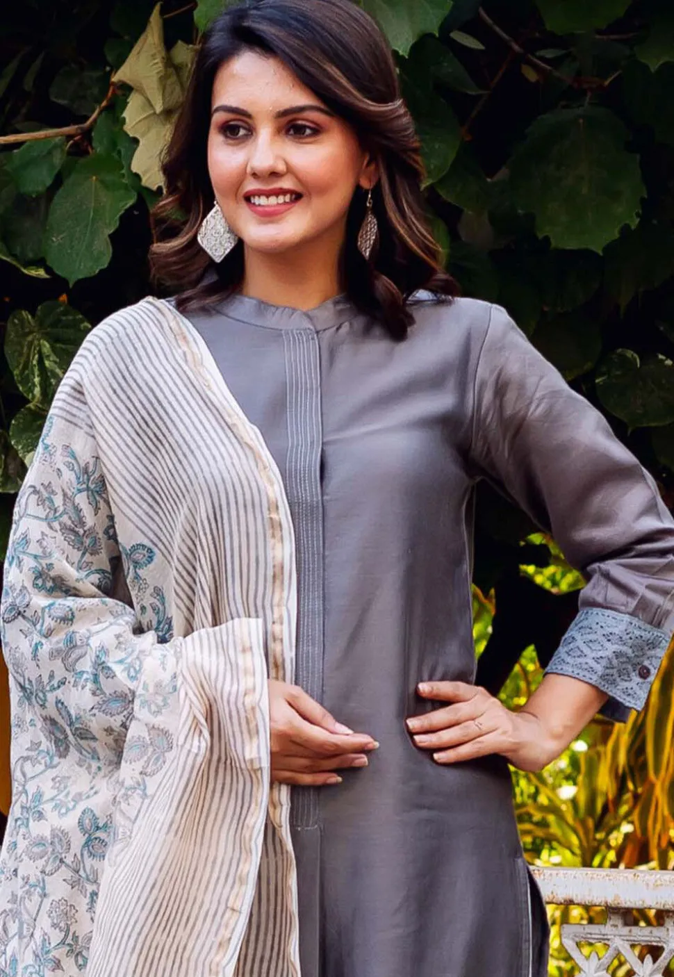 Embroidered Chanderi Silk Pakistani Suit in Grey
