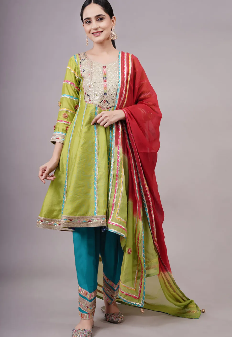 Embroidered Chanderi Silk Anarkali Suit in Olive green