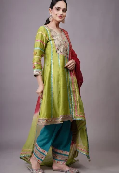 Embroidered Chanderi Silk Anarkali Suit in Olive green