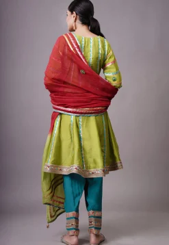 Embroidered Chanderi Silk Anarkali Suit in Olive green
