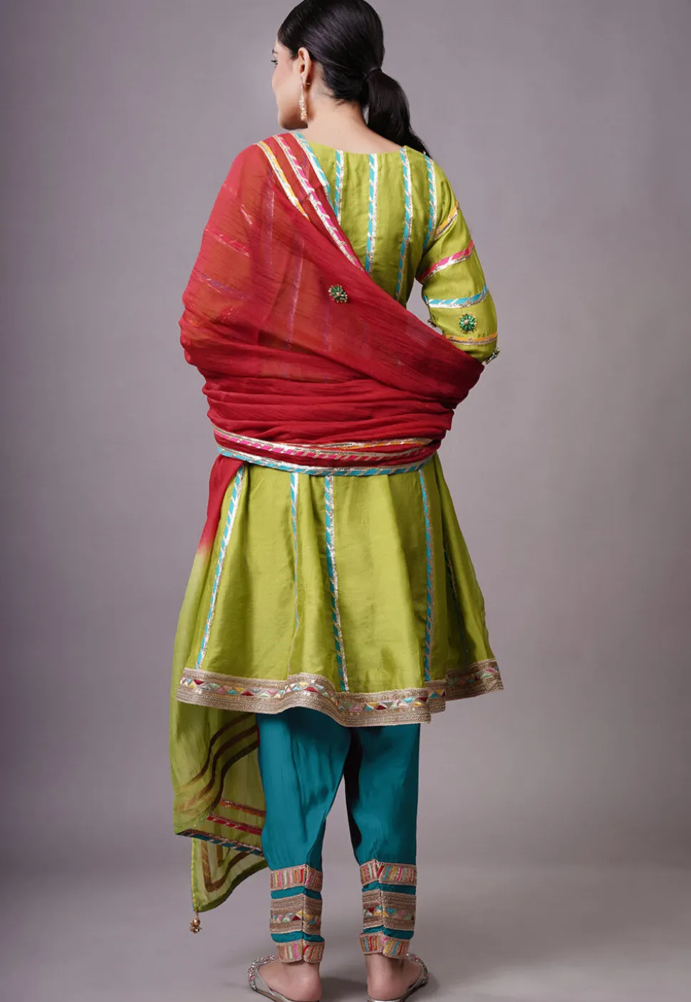 Embroidered Chanderi Silk Anarkali Suit in Olive green