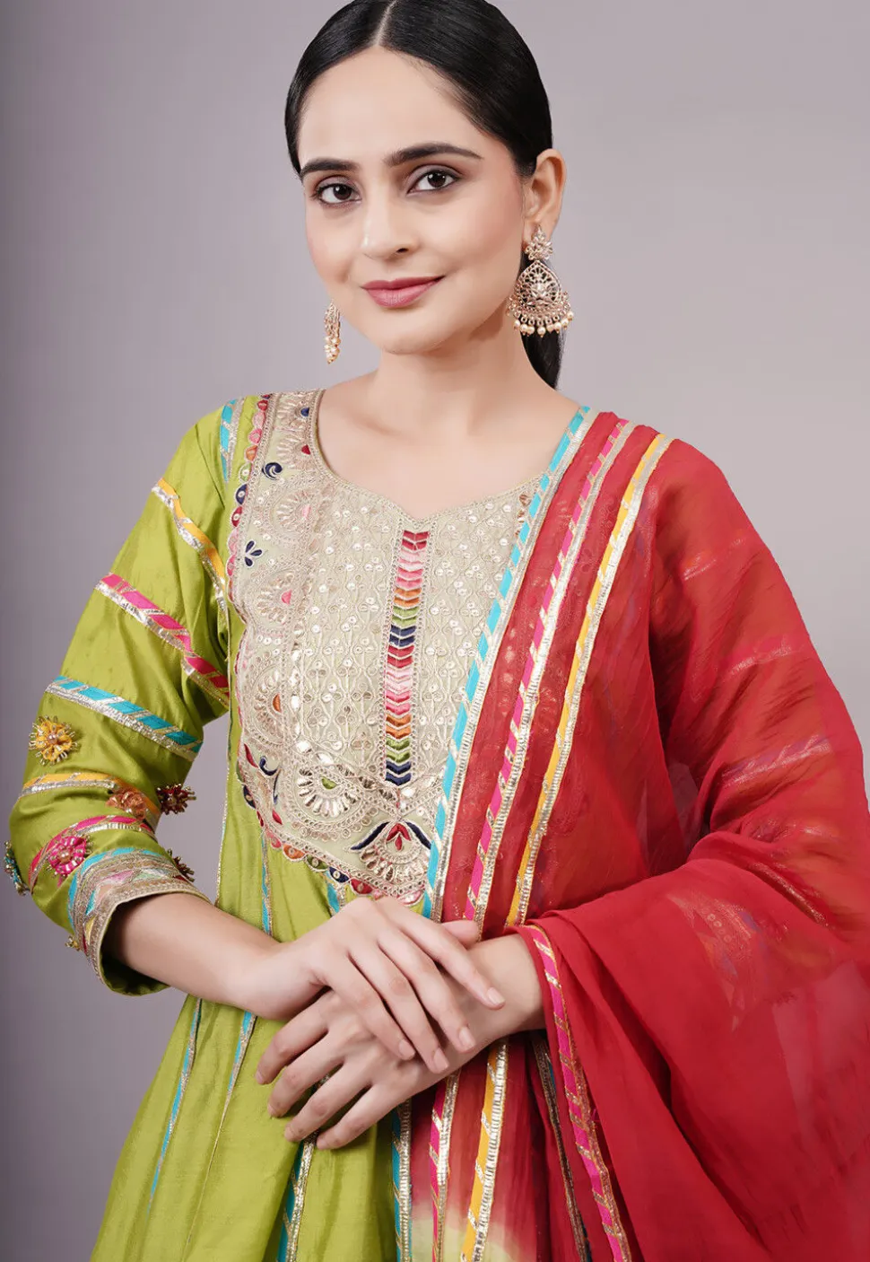Embroidered Chanderi Silk Anarkali Suit in Olive green
