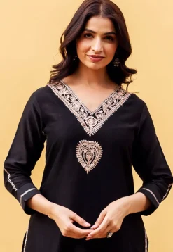 Embroidered Chanderi Silk Straight Kurta Set in Black