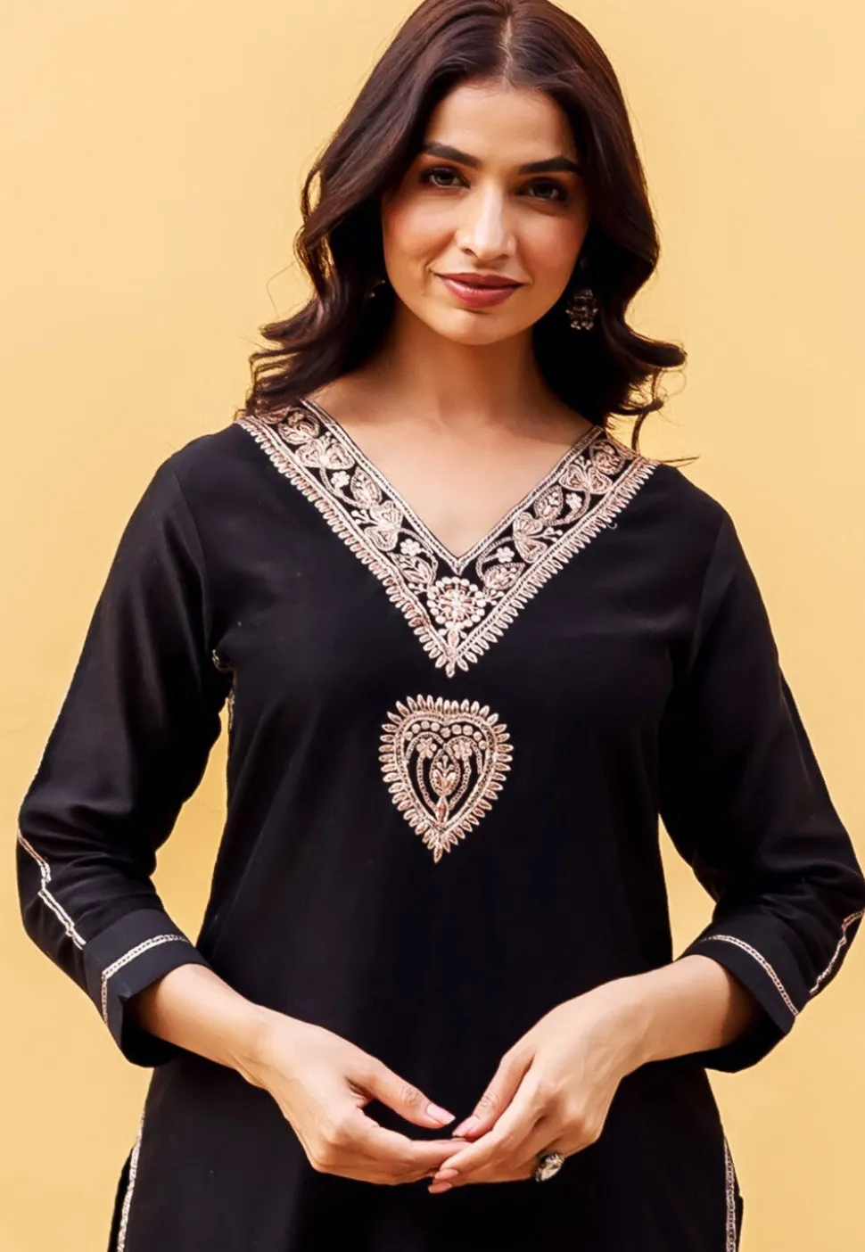 Embroidered Chanderi Silk Straight Kurta Set in Black