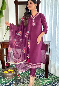 Embroidered Chanderi Silk Pakistani Suit in Purple