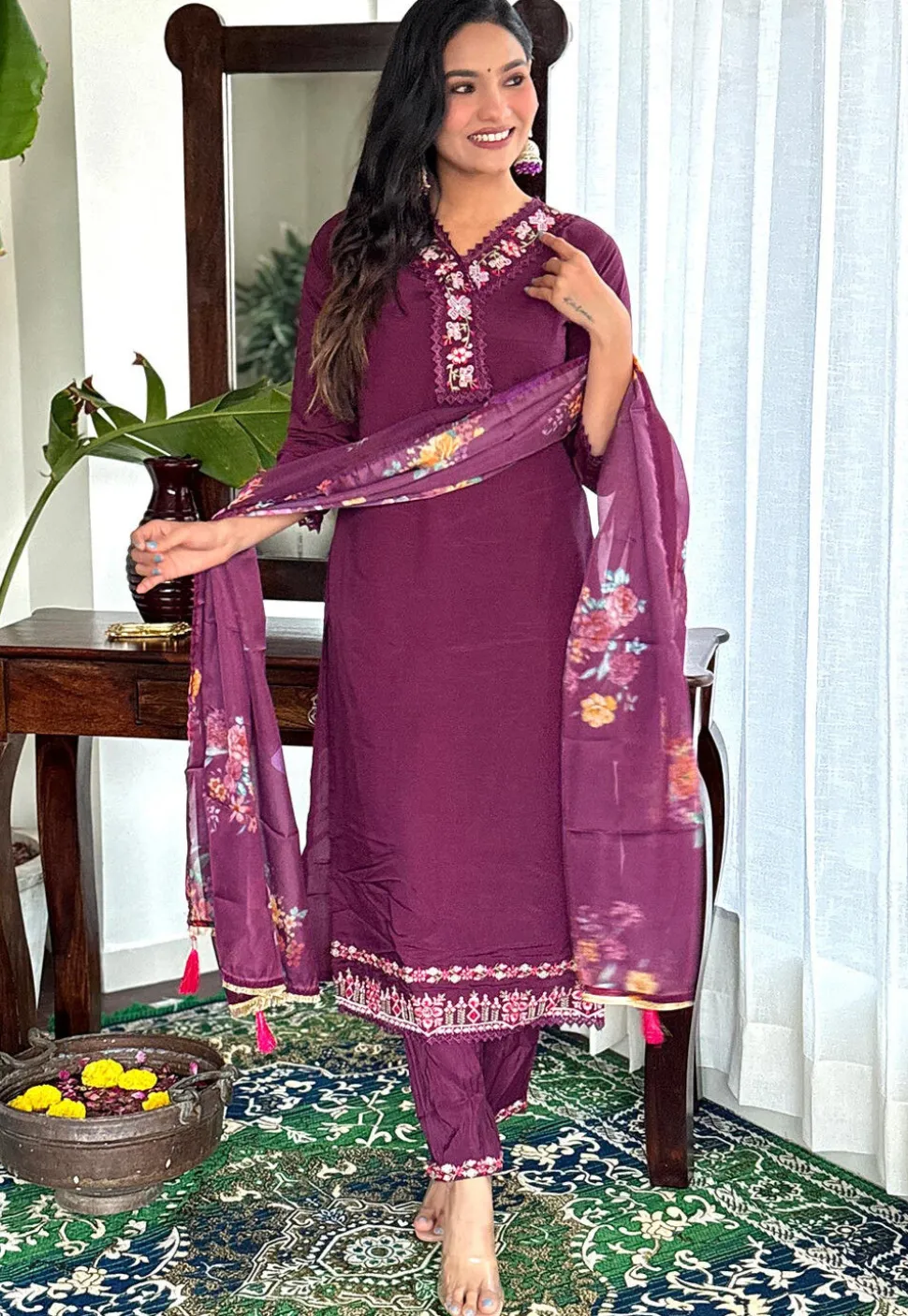 Embroidered Chanderi Silk Pakistani Suit in Purple