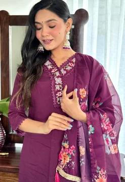 Embroidered Chanderi Silk Pakistani Suit in Purple