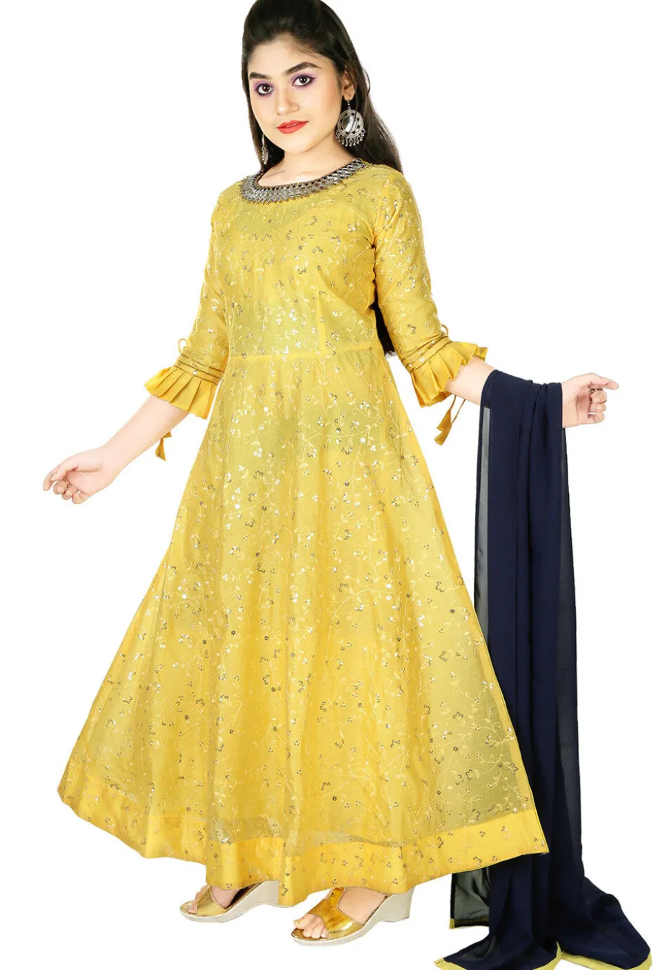 Embroidered Chanderi Silk Gown in Yellow