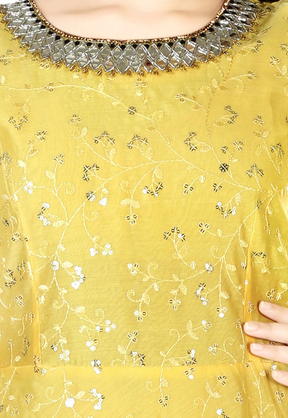 Embroidered Chanderi Silk Gown in Yellow