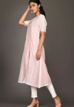 Embroidered Chanderi Silk A Line Kurta in Off White