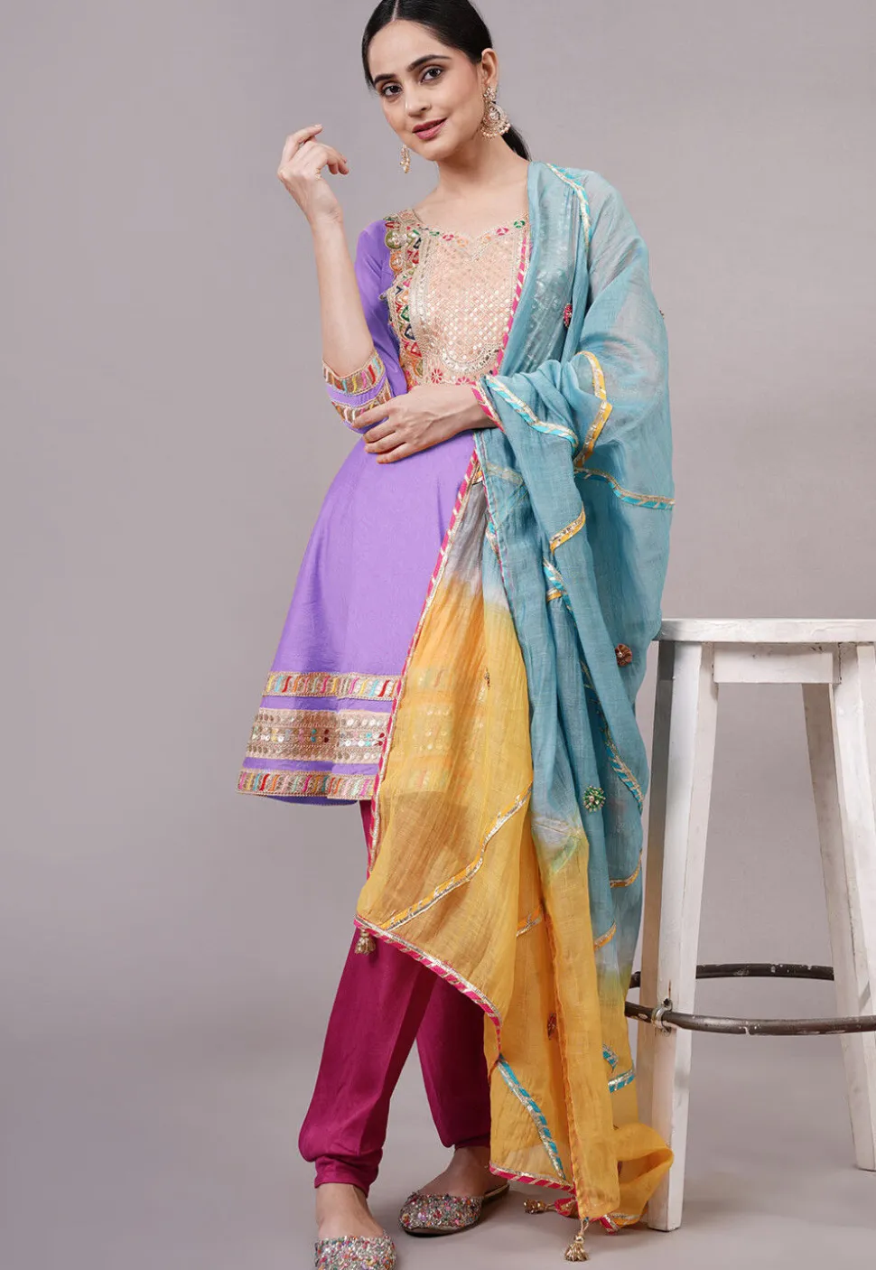 Embroidered Chanderi Silk Aline Suit in Light Purple
