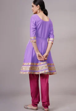 Embroidered Chanderi Silk Aline Suit in Light Purple
