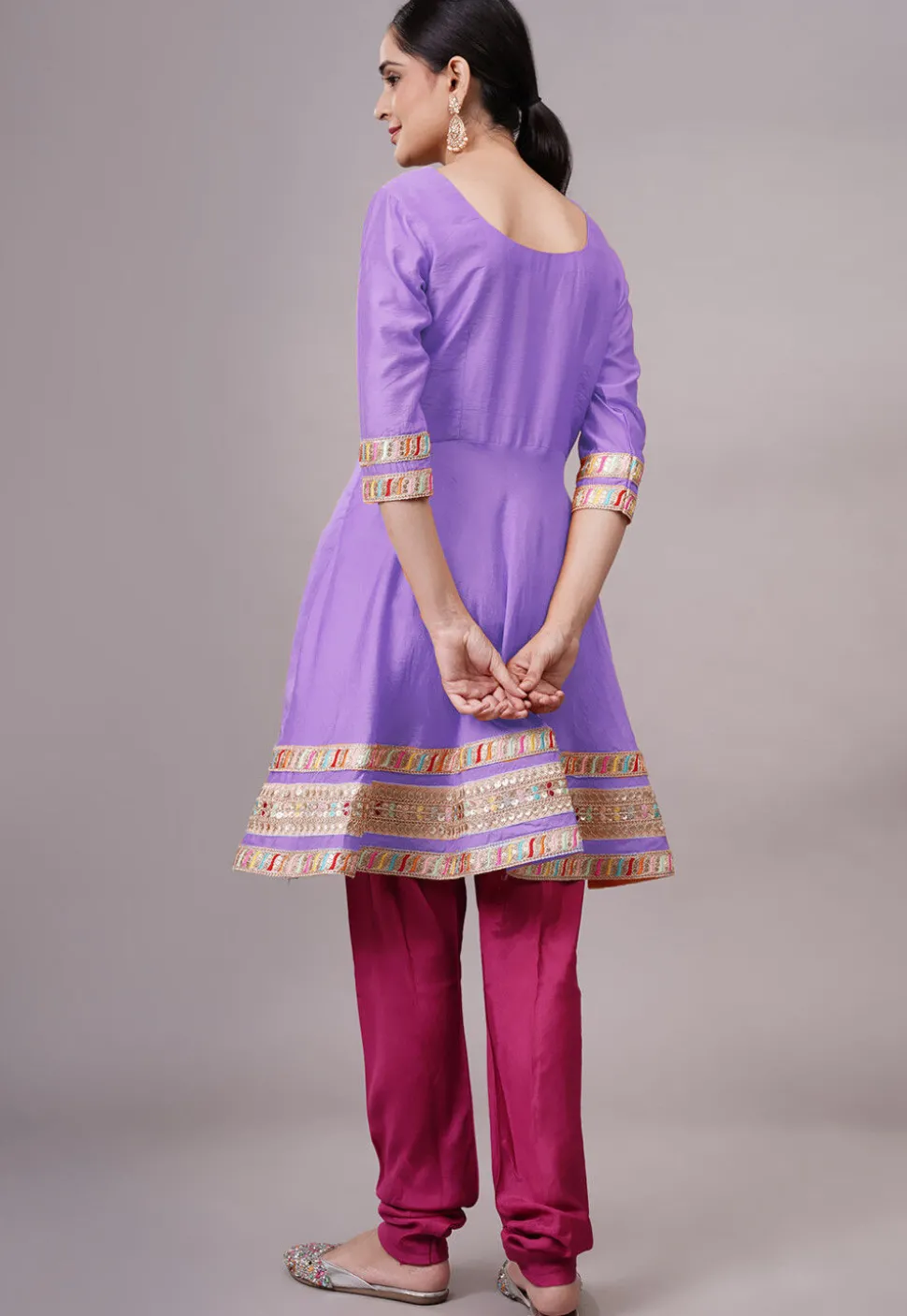 Embroidered Chanderi Silk Aline Suit in Light Purple