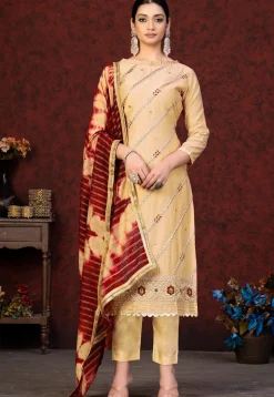 Embroidered Chanderi Silk Pakistani Suit in Beige