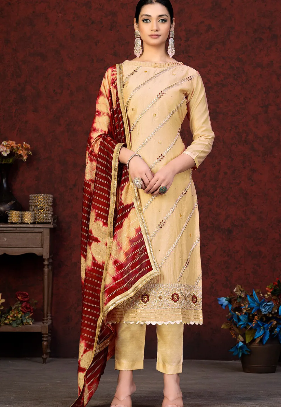 Embroidered Chanderi Silk Pakistani Suit in Beige