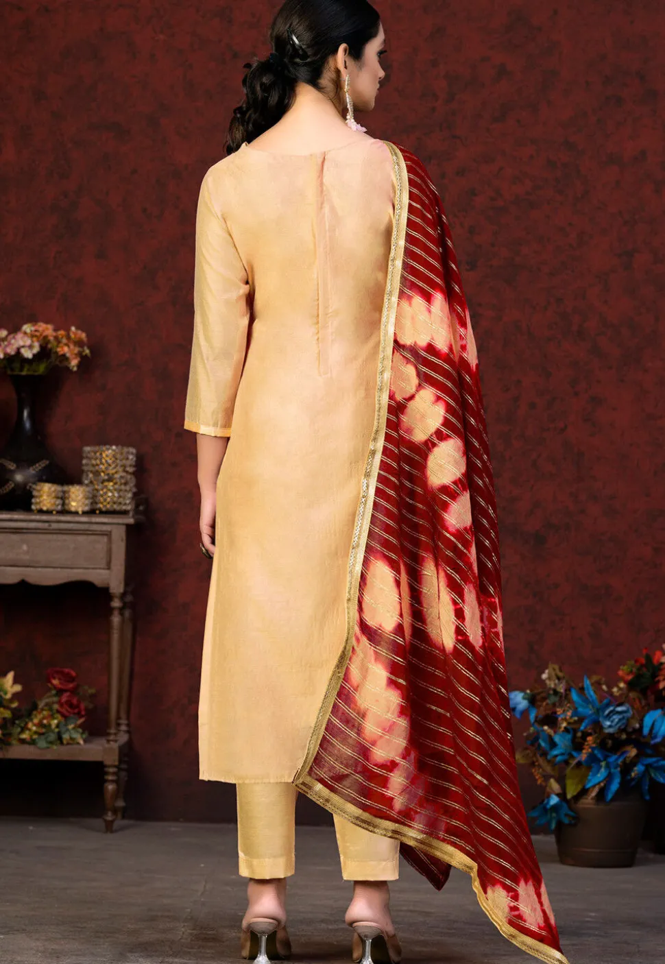 Embroidered Chanderi Silk Pakistani Suit in Beige
