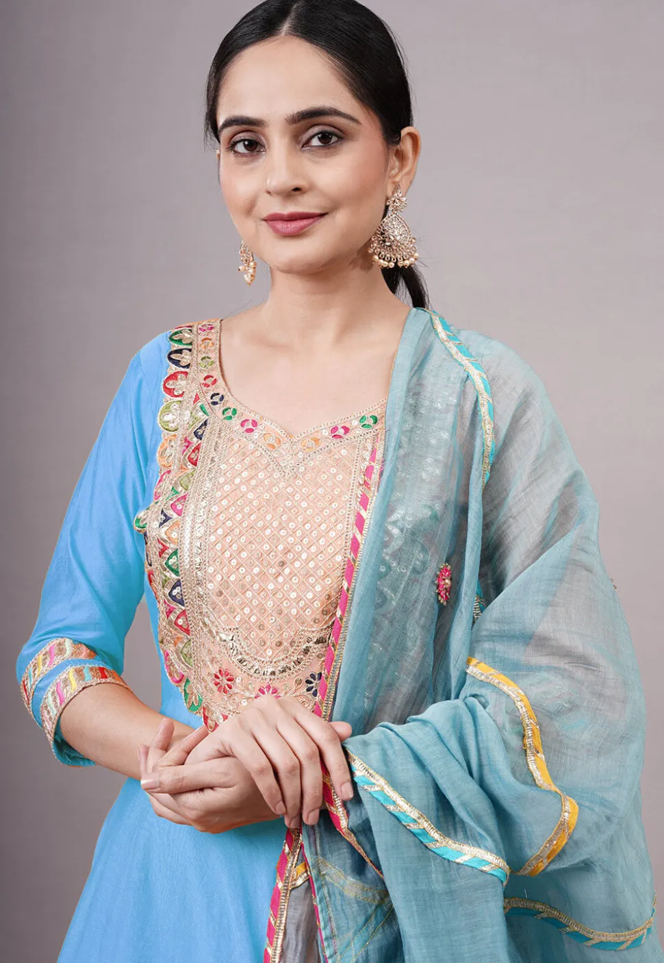 Embroidered Chanderi Silk Aline Suit in Sky Blue