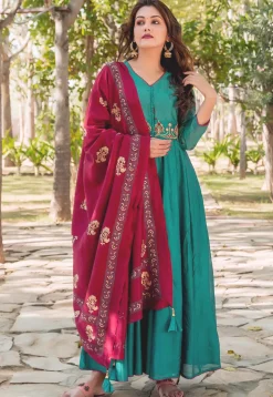Embroidered Chanderi Silk Abaya Style Suit in Teal Blue
