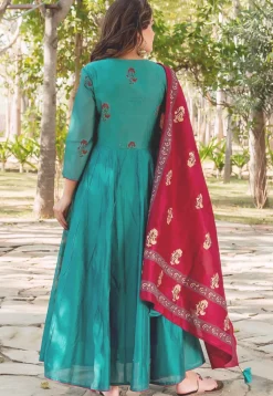 Embroidered Chanderi Silk Abaya Style Suit in Teal Blue