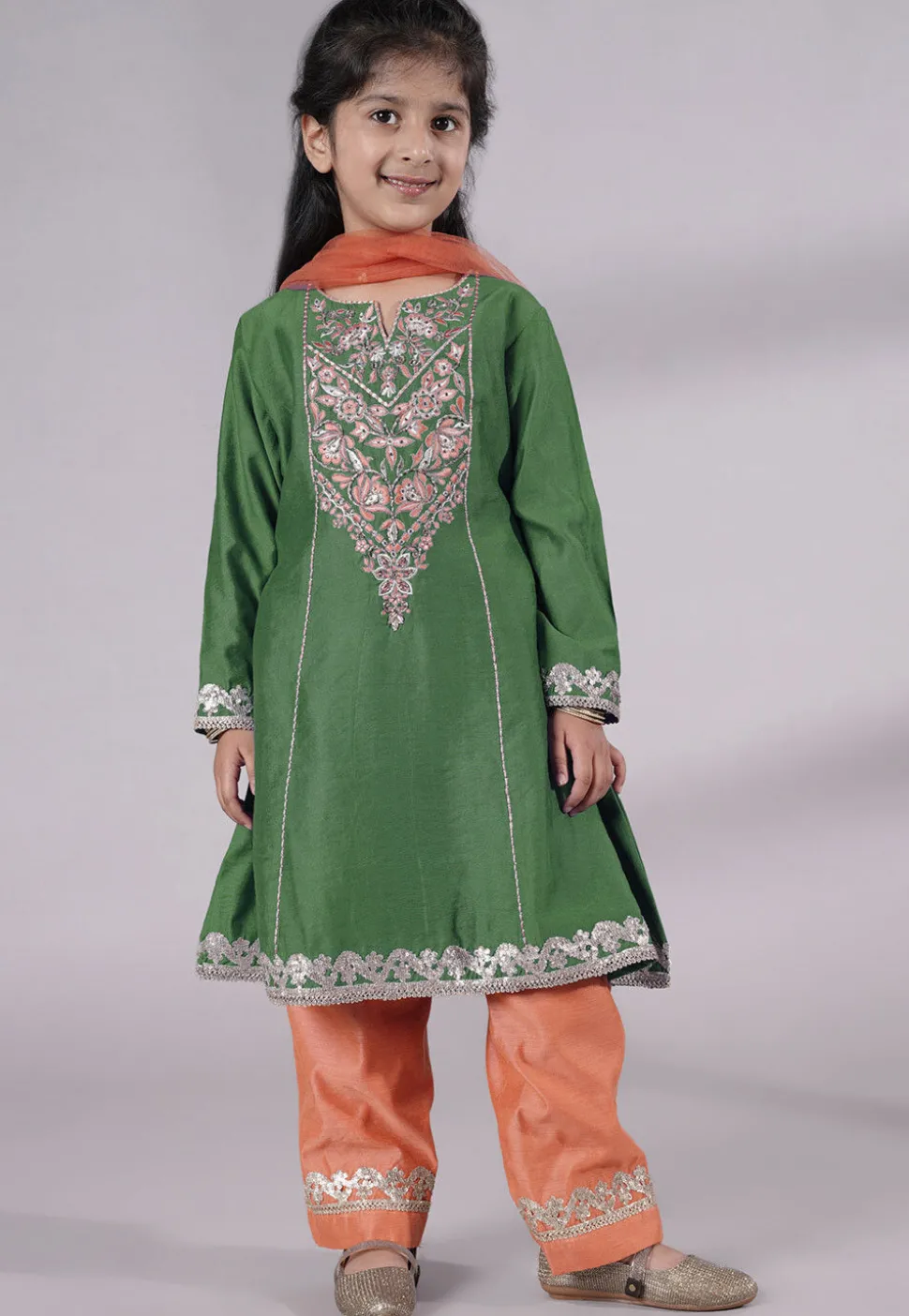 Embroidered Chanderi Silk Punjabi Suit in Green