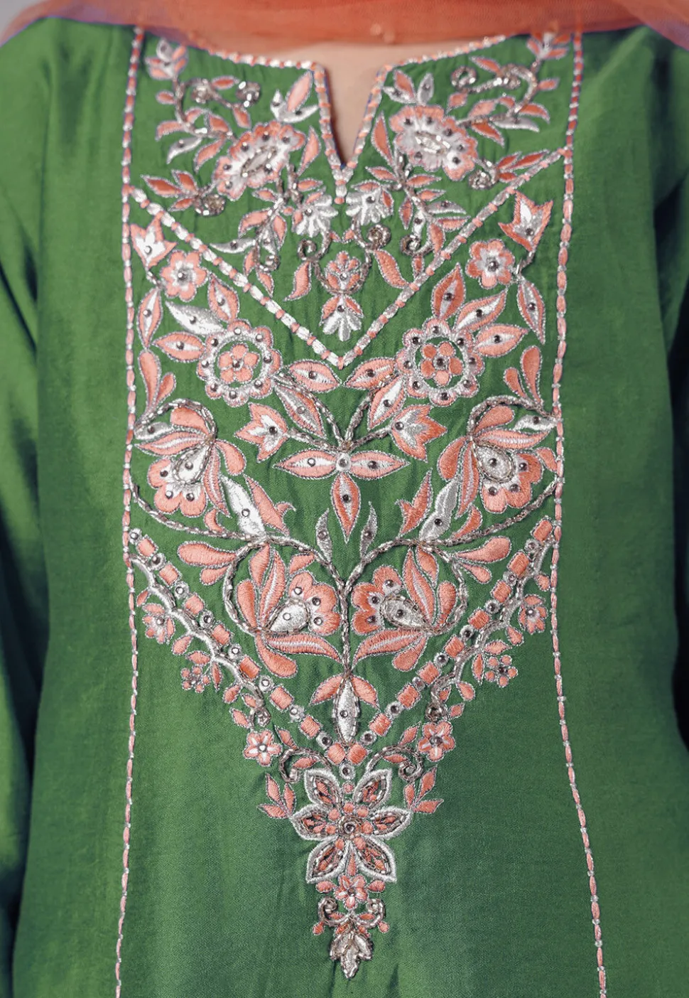 Embroidered Chanderi Silk Punjabi Suit in Green