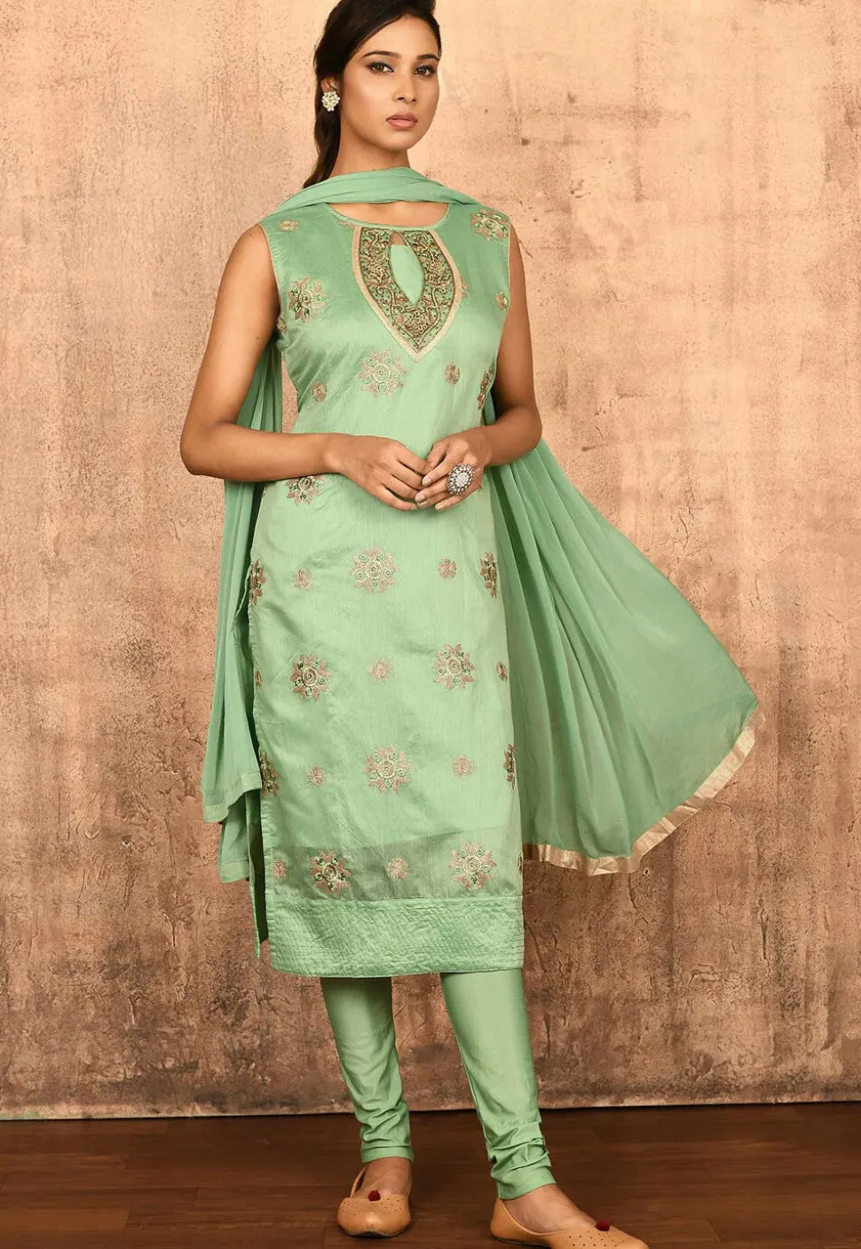 Embroidered Chanderi Silk Straight Suit in Pastel Green