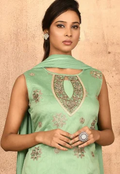 Embroidered Chanderi Silk Straight Suit in Pastel Green