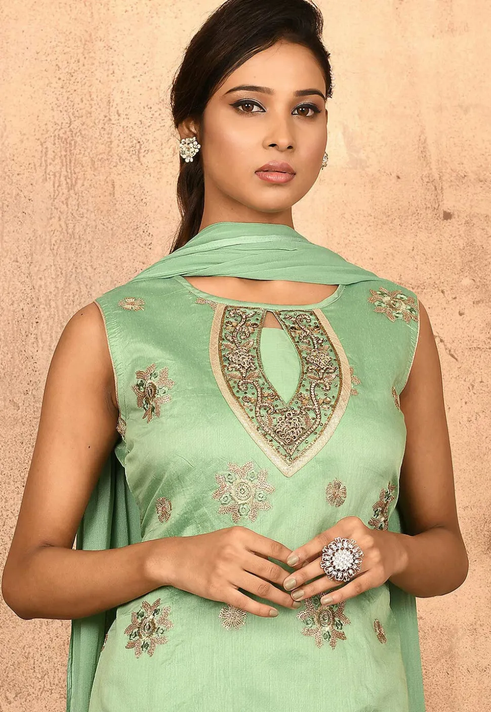 Embroidered Chanderi Silk Straight Suit in Pastel Green