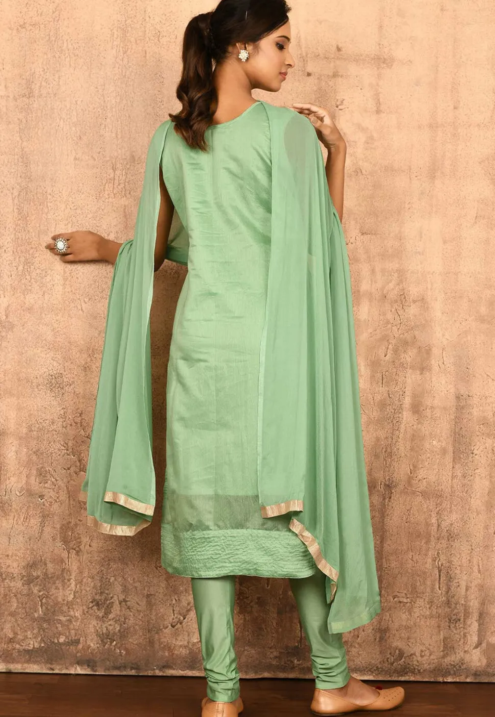 Embroidered Chanderi Silk Straight Suit in Pastel Green