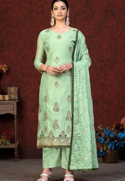 Embroidered Chanderi Silk Pakistani Suit in Light Green