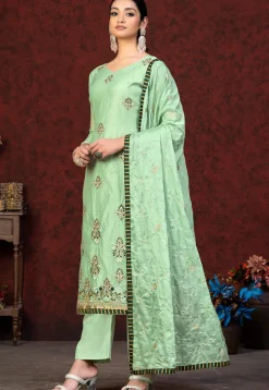 Embroidered Chanderi Silk Pakistani Suit in Light Green