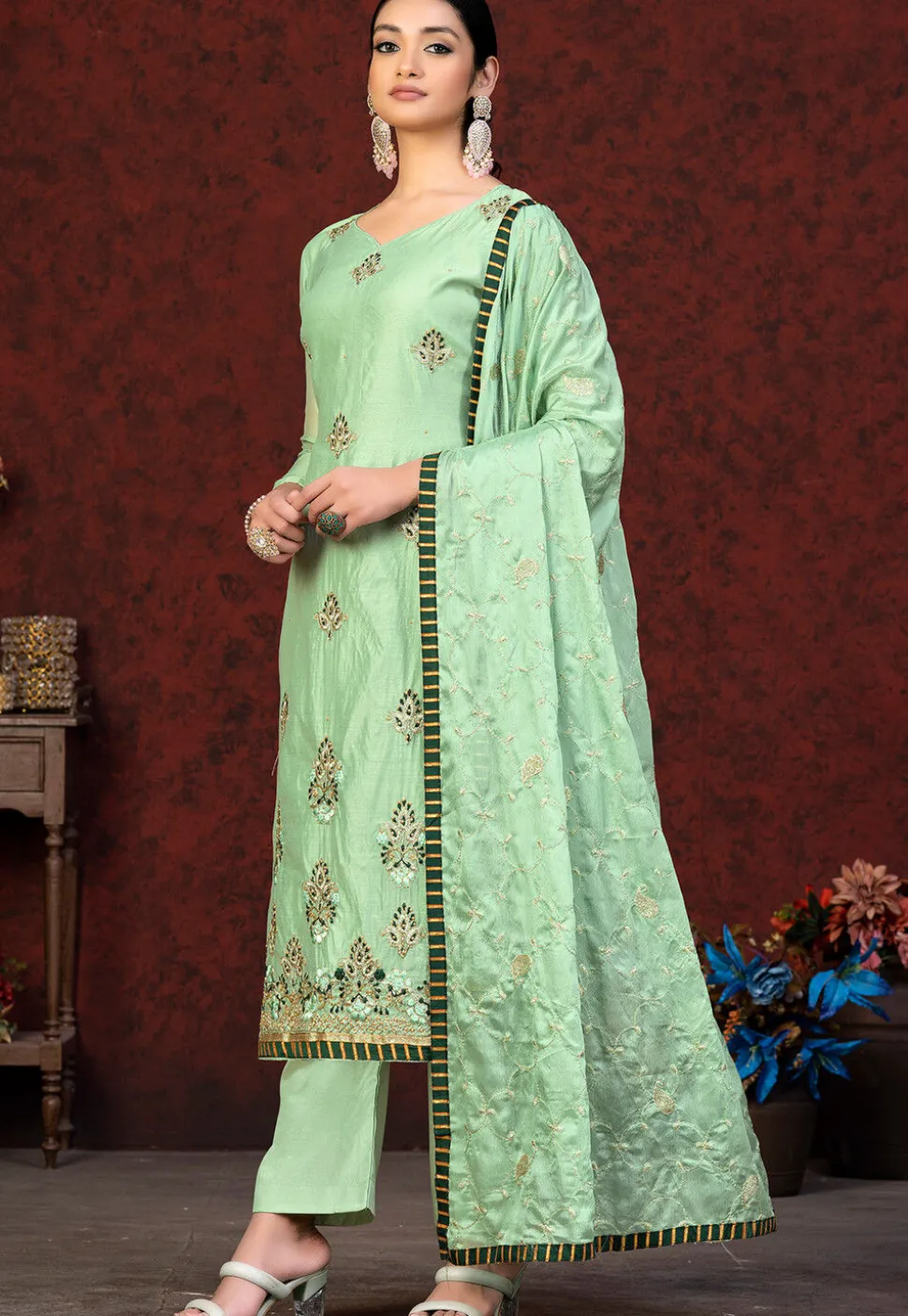 Embroidered Chanderi Silk Pakistani Suit in Light Green