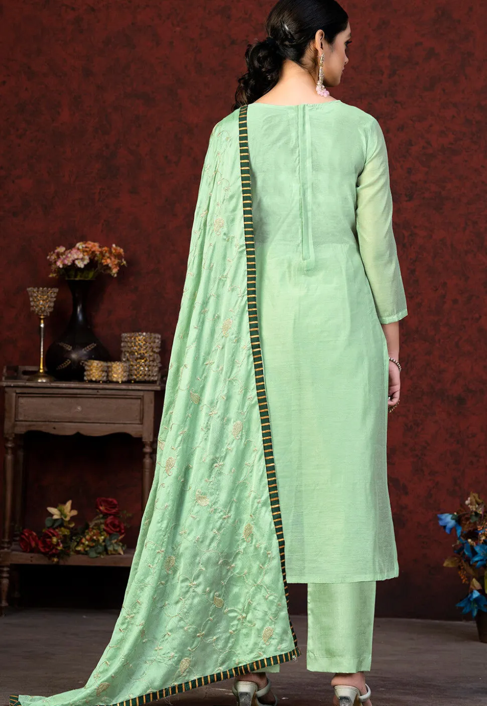Embroidered Chanderi Silk Pakistani Suit in Light Green